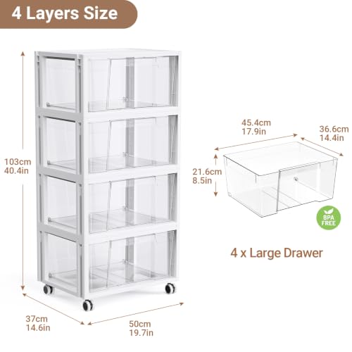 Stackable Storage Drawer Carts, Extra Large Bins 4 Tier 4 Drawers | Smooth Pull-Out Drawers, Clear Plastic Storage Organizer Container For Home Office Bedroom Bathroom Art Crafts Under Desk - size: 4 Tier 4 Drawer