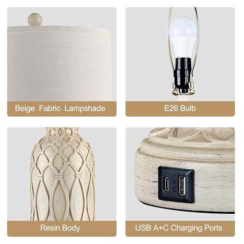 28" Table Lamps for Living Room Set of 2, Farmhouse Lamps for Bedroom with USB Ports, 3-Way Dimmable Nightstand Table Lamp (Bulbs Included) - color: 2.Beige