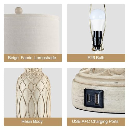 28" Table Lamps for Living Room Set of 2, Farmhouse Lamps for Bedroom with USB Ports, 3-Way Dimmable Nightstand Table Lamp (Bulbs Included) - color: 2.Beige