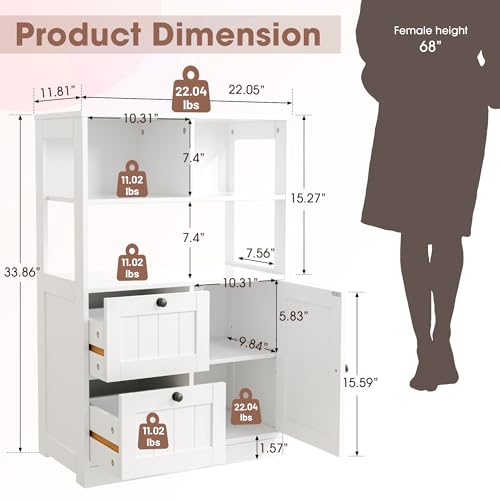 GRUSIGN Bathroom Storage Cabinet with Door and Drawers, Small Freestanding Bathroom Cabinet Organizer, Farmhouse Wooden Cupboard with Adjustable Shelves for Kitchen, Living Room, White - size: 34"H with Drawers