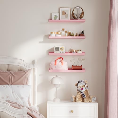 upsimples Floating Shelves for Wall Decor and Storage, Pink, 6Pcs 15.7'' | Wall Mounted Wood Shelves for Living Room, Bedroom, Bathroom, Kitchen, Office, Laundry Room Display and Organize - color: Pink, size: 15.7in