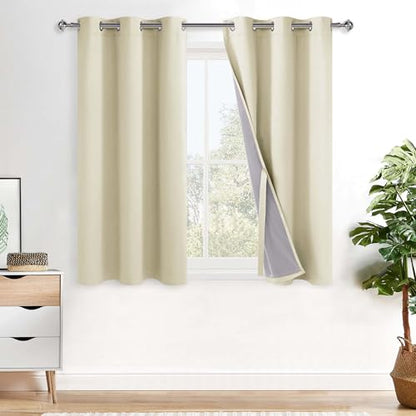 XWZO Total Blackout Curtains 45 Inches Long - Double Layer Full Room Darkening & Energy Efficiency Grommet Window Panels with Tiebacks, Beige, W38 x L45, Set of 2 - color: Beige, size: 38"W x 45"L (Pack of 2)