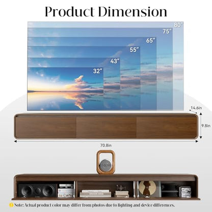71" Floating TV Stand Wall Mounted, Floating Entertainment Center for TVs up to 80 inch, TV Media Console with Flip-Down Doors, Cable Management for Living Room Bedroom Walnut