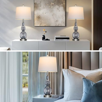 Rinweey 27.5" Gray Clear Glass Table Lamp Set of 2,3-Way Dimmable Touch Control Bedside Lamps with USB Ports and AC Outlet, Modern Nightstand Lamps for Bedroom Living Room - color: Grey-2