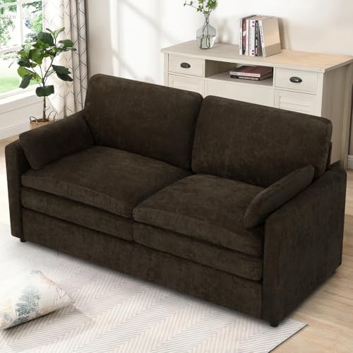 69" Chenille Soft Sofa w/Well-Filled Backrests, Brown | Modern Loveseat w/Plump Pillows, 2 Seater Upholstered Couch w/Thick & Comfy Cushions for Living Room, Bedroom - color: Brown, size: Loveseat