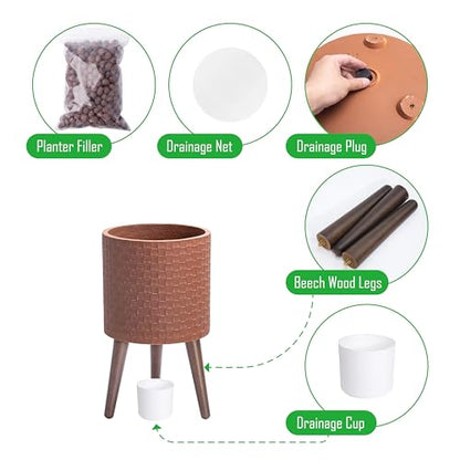 D'vine Dev Planter Pot with Wood Stand, 10 in, Terra Cotta, 88-Z-B-3 | Mid-Century Modern Style, Elevated Plant Display, Drainage Hole and Plug, Functional & Stylish, Modern Indoor Planter - color: Terra Cotta, size: Medium