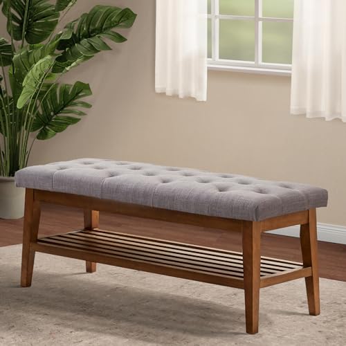 HUIMO Upholstered Entryway Shoe Bench, Button Tufted End of Bed Bench, Grey | with Solid Wood Slatted Shelf, Padded Ottoman Bench for Bedroom, Living Room, Entryway - color: Grey, style: French Country