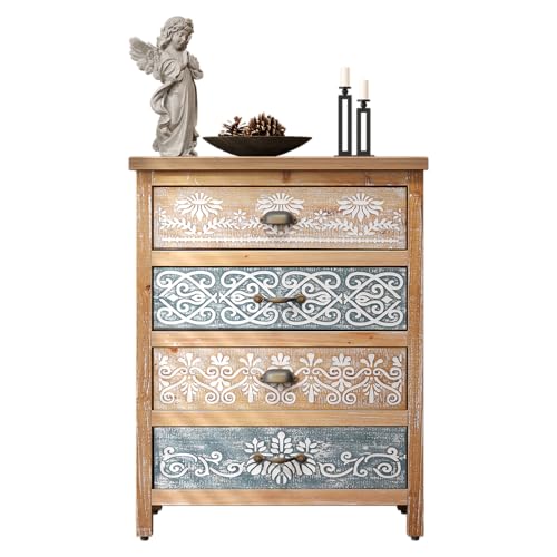 Small Solid Wood Storage Cabinet with Drawers,Vintage Accent Cabinet | Storage Drawers,Accent Credenza,Solid Wood Material,Hand-Carved Finish,Entryway or Living Room,Boho/French Country Style - color: Natural-4-drawers