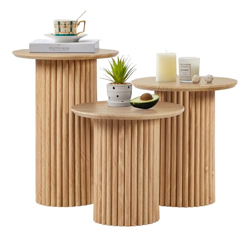 Bifins Natural Round Nesting Coffee Table Set of 3 for Living Room | Coffee and End Table Set,Fluted,Nesting Side Table,Drink Table,End Table,Plant Stand,Oak,Mid Century Modern,Nested - color: Natural