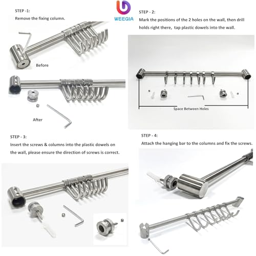 Mug Hanger Rods 16 Inch 2 pcs, 304 Stainless Steel Mug Organizer Tea Coffee Cups Hanging Holder With Sliding Hooks, for Wall Mounted or Under Cabinet, Hanging Rods Silver Chrome Screws Fixed (Silver)