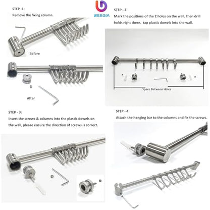 Mug Hanger Rods 16 Inch 2 pcs, 304 Stainless Steel Mug Organizer Tea Coffee Cups Hanging Holder With Sliding Hooks, for Wall Mounted or Under Cabinet, Hanging Rods Silver Chrome Screws Fixed (Silver)