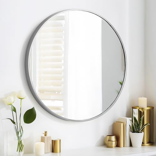SCWF-GZ 24" Round Mirror Circle Wall Mounted Hanging/Against Wall Silver | HD Crystal Clear No distortion Tempered Glass,Aluminum Frame,Make-Up Mirrors for Bedroom,Entryway,Bathroom,Living Room - color: Silver, size: 24"L x 24"W