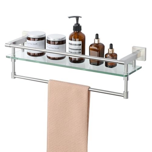 Alise Bathroom Shelf with Towel Bar, 20 Inch Brushed Nickel Glass Shelf | Floating Glass Shelves for Bathroom Wall, Tempered Glass, SUS304 Stainless Steel - color: Brushed Nickel, size: 20 In