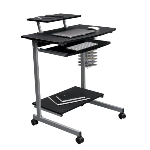 Techni Mobili Rolling Computer Desk Cart w/ Keyboard Tray & Wheels, Black | Locking casters, printer stand, office cart, compact desk, home office, small space computer workstation
