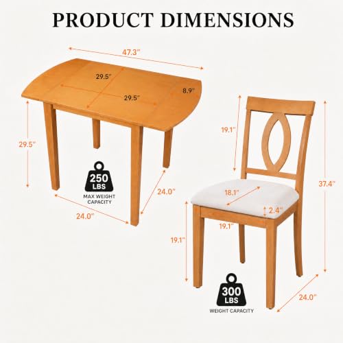 RuiSiSi 3-Piece Drop Leaf Dining Table Set, Wood Extendable Kitchen Table Set with 2 Upholstered Chairs, Small Space Dining Set for 2 People, Beige+Natural - color: Beige+natural, size: 3 Piece