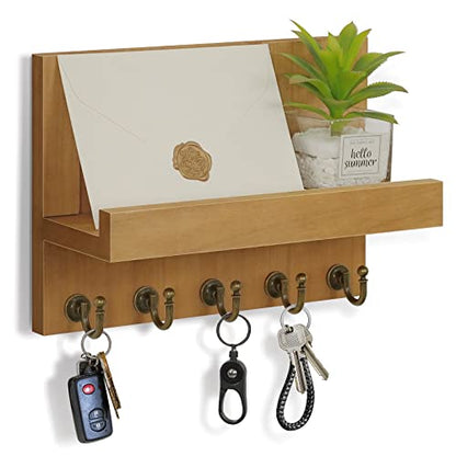 HONJIN Farmhouse Wall Key Holder for Wall : Holiday Card Slot Design Wooden Mail Organizer Wall Mount Dog Leashes Holder Hanger (Light Brown) | Key and Mail Holder Wall Mount, Wooden Entryway Organizer and Decorative, Easy Installation, 10*3.8*6.85 Inch -