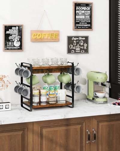 IBUYKE Kitchen Mug Cup Holder,2 Tier Coffee Bar Organizer,Brown TBJ006H | Coffee Bar Station Countertop Organizer Coffee Mug Stand with 18 Hooks,Multifunctional Mug Tree for Home Kitchen Office - color: Rustic Brown
