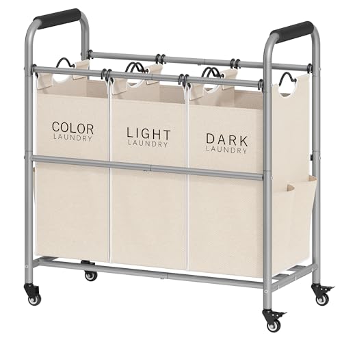 3 Bag Laundry Sorter Cart with Removable Bags, Beige | 147L Large Capacity, Heavy Duty Lockable Rolling Wheels, Laundry Hamper Sorter Basket, Clothes Storage - color: Beige, size: 3 Bag