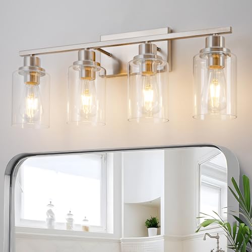 4 Light Bathroom Light Fixtures Brushed Nickel Vanity Light Over Mirror Modern Farmhouse Wall Lighting Sconces Wall Lamp for Bathroom, Bedroom, Living Room E26 Socket with Glass Shade - color: Brushed Nickel, size: 4 Light