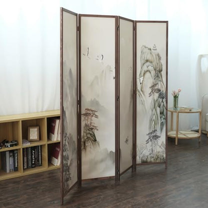 4 Panel Room Divider, 5.6 ft Tall Double-Sided Blackout Folding Privacy Screen – Freestanding Wall Partition with Mountains and Waters Landscape for Home Office, Easy Setup (67" H x 63" W) - color: Mountains and Waters, size: 4 Panel