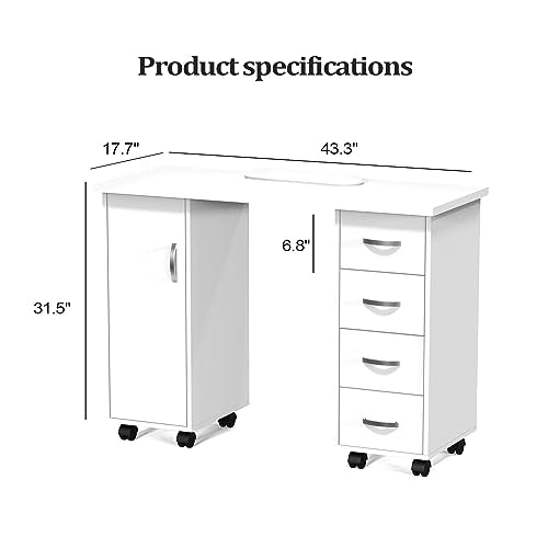 OmySalon Manicure Table Nail Desk w/Cabinet, Drawers, Wheels & Wrist Rest, Spa Salon Beauty Home Wooden Technician Workstation Nail Art Equipment for Nail Tech, White - color: White