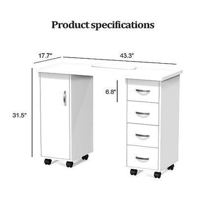 OmySalon Manicure Table Nail Desk w/Cabinet, Drawers, Wheels & Wrist Rest, Spa Salon Beauty Home Wooden Technician Workstation Nail Art Equipment for Nail Tech, White - color: White