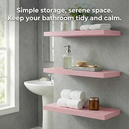 SAUMONIERES Floating Shelves Wall Shelf Solid Wood for Bathroom Bedroom Kitchen Set of 3, Pink Wall Shelves - color: Pink, size: 16 Inch-3 shelves