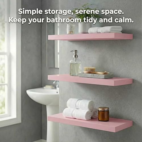 SAUMONIERES Floating Shelves Wall Shelf Solid Wood for Bathroom Bedroom Kitchen Set of 3, Pink Wall Shelves - color: Pink, size: 16 Inch-3 shelves