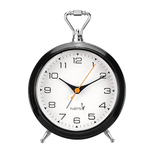 FLOITTUY 4.5" Battery Operated Antique Retro Analog Metal Alarm Clock, Silent Bedside Desk Clock, Wall-Hanging Vintage Clock(Black) - color: Black