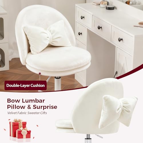 GTPLAYER Velvet Tall Office Chair with Wheels Vanity Chairs with Back, Versatile Height Use: Office to Bar Stools Small Ergonomic Comfy Armlees Computer Desk Chair with Bow Lumbar Pillow for Gift - color: Ve-white