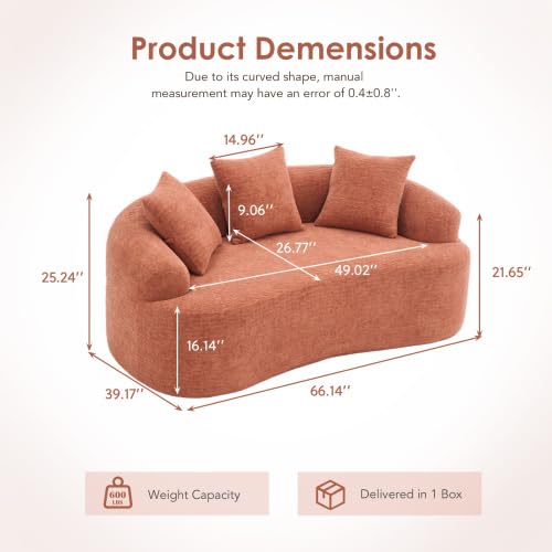 Loveseat Sectional Sofa for Living Room, 65" Modern Luxury Plush Chenille Sofa Extra Deep Seat Curved Cloud Floor Couch with 3 Throw Pillows for Small Spaces,Coral - color: Coral, size: 65 inch