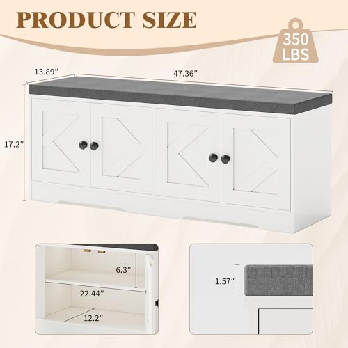 Apicizon Storage Bench with Seat Cushion, 2 Tier Entryway Bench with 4 Barn Doors, Adjustable Shelves, 47.36" Shoe Bench for Entryway Hallway Bedroom Living Room, Beige White - color: Beige White, size: 47Inch