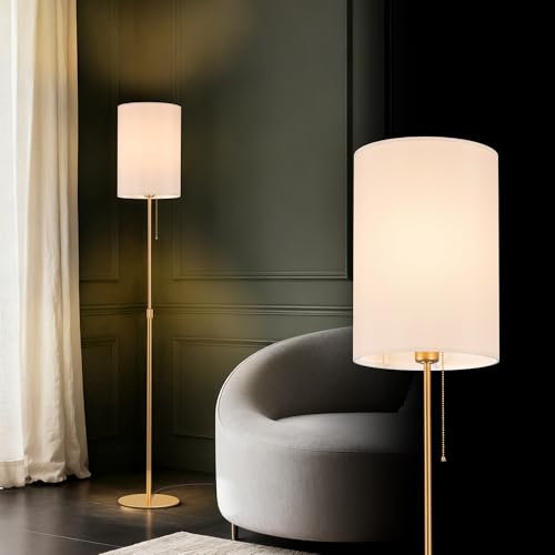 Tubicen Gold Floor Lamp with Pull Chain Fabric Dimmable Corner Tall Lamp | Modern Slim Narrow Standing Lamp 61"H Tall Adjustable Floor Lamp for Living Room Bedroom Office Dining Room, Space-Saving