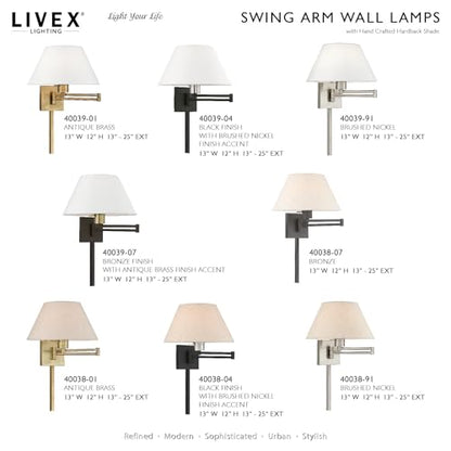 Livex Lighting 40038-01 1-Light Swing Arm Wall Light, Antique Brass | Oatmeal Fabric Shade - color: Antique Brass