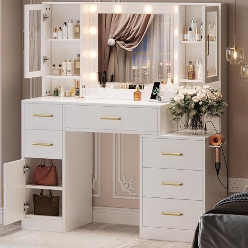 TOKSOM 51" Vanity Desk with Mirror and Lights & Charging Station, Bedroom Dressing Table, Large Vanity Set, 6 Drawers and 2 Cabinets, Makeup Vanity Table with Charging Station, Without Stool - size: 51 inch, style: Modern White