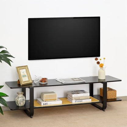 Bamboo TV Stand for TVs up to 65", Accent Entertainment Center with Storage, Media Console Table with Shelf, Modern TV Stand for Living Room, Bedroom, 54.3"(L), Black - color: Black