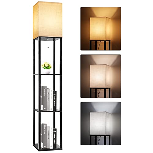 Floor Lamp with Shelves, Shelf Lamp with 3 Color Temperature LED Bulb,Floor-Lamp for Living Room, Modern Tall Standing Display Shelf Floor Lamps for Bedroom, Office (Black) - color: Black