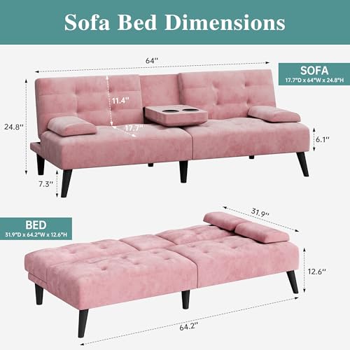 Futon Sofa Bed, Small Convertible Sofa Couch Recliner, 64 in Adjustable Sofa Bed for Living Room, Removable Armrest Pillows, Pink - color: Pink