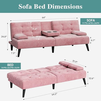 Futon Sofa Bed, Small Convertible Sofa Couch Recliner, 64 in Adjustable Sofa Bed for Living Room, Removable Armrest Pillows, Pink - color: Pink