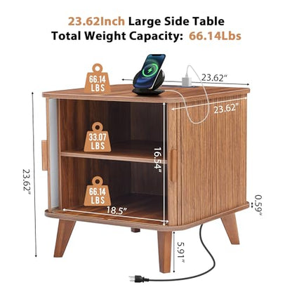 24" Modern End Table with Charging Station, Fluted Side Table,Walnut | Farmhouse Sofa Side Tables Living Room, Mid-Century Wood Nightstand with Sliding Tambour Door & Storage, Wooden End Table - color: Walnut