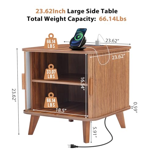 24" Modern End Table with Charging Station, Fluted Side Table,Walnut | Farmhouse Sofa Side Tables Living Room, Mid-Century Wood Nightstand with Sliding Tambour Door & Storage, Wooden End Table - color: Walnut