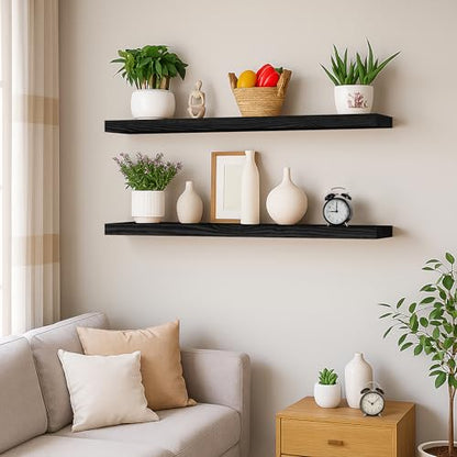 BGMG Wood Floating Shelves 36 inch Long,Wide Rustic Wooden Wall Shelves for Bathroom Living Room Bedroom Kitchen Farmhouse Set of 2-36x6.7x1.25 inch-Black - color: Black, size: 36 inch