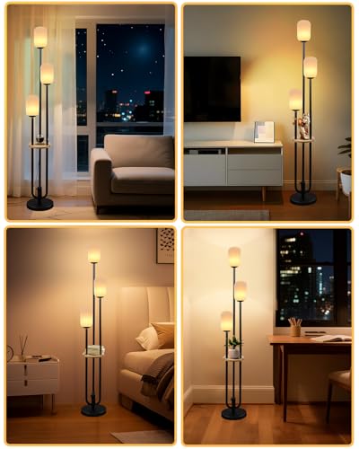Lightdot Black Dimmable Floor Lamp with Shelf Modern Floor Lamps with Oval Striped Lampshade & Bulb Included 3-Lights Tall Lamp with 5Lbs Heavy Base for Living Room/Bedroom/Sofa Beside/Corner Decor