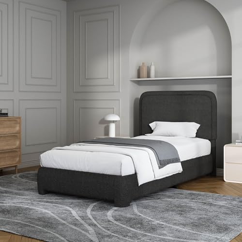 BarnFurin Twin Bed Frame, Cloud Boucle Headboard, Rounded Corners, Black | Soft boucle and rounded edges create a low-profile cloud look. Wooden slats support the mattress without a box spring - color: Black, size: Twin