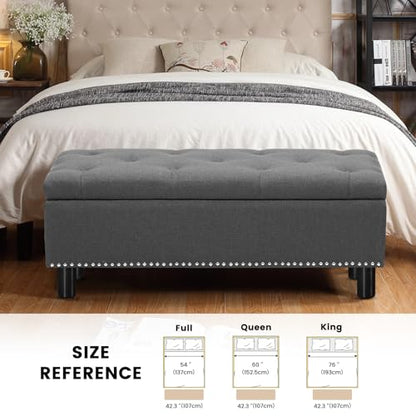 Storage Bench, Upholstered Linen Ottoman Bench with Button-Tufted, Folding Bedroom Bench with Wood Legs, Entryway Bench for Bedroom, Grey - color: Grey