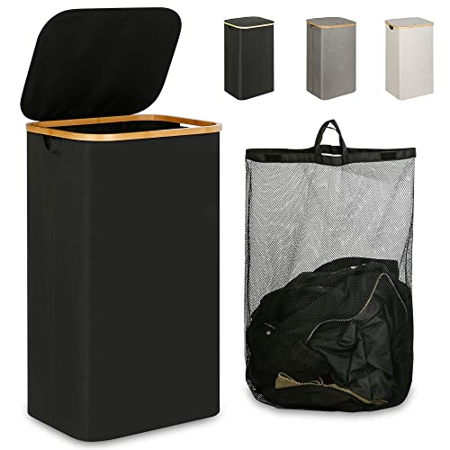 IEGrow Laundry Hamper with Lid,110L Laundry Basket with Mesh Bags,Black | Dirty Clothes Hamper Basket with Bamboo Handle for Clothes Towels - color: Black, size: 110L