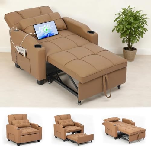 Sleeper Chair Pull Out Bed, 4 in 1 Convertible Sofa Chair Bed with Vibration Massage Lumbar Pillow, Single Sofa Recliner with USB/Type-C Port, Cup Holders and Side Pocket for Small Spaces (Brown) - color: Brown