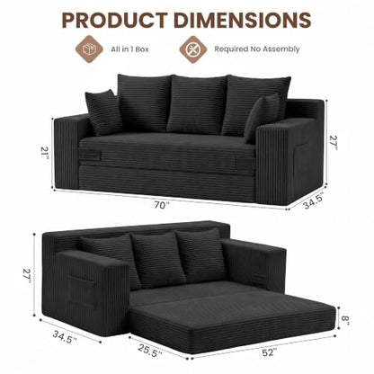 Boneless Couches 70 inch: 3-in-1 Convertible Sofa Bed Futon Couch Bed, Oversized Loveseat Sleeper Sofa with 5 Pillows, Black Small Couch for Living Room, Bedroom & Small Space - color: Black, size: 70 Inch