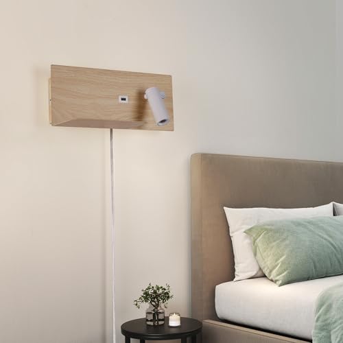 Modern LED Plug in Wall Sconce, Wall Light with Shelf and USB Charging Port, Rotatable Reading Spotlight & Soft Backlight, Plug-in or Hardwired Wall Lamp for Bedroom Bedside, Light Wood Grain Finish - size: 2-light Right Switch White