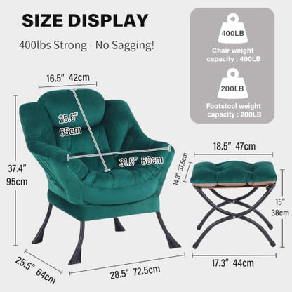 Lazy Chair with Ottoman, Comfy Reading Accent Chair, Velvet Green | Foldable Footrest, Padded Seat and Backrest, Side Pocket for Lounging in Living Rooms, Bedrooms, Dorms and Small Spaces - color: Green